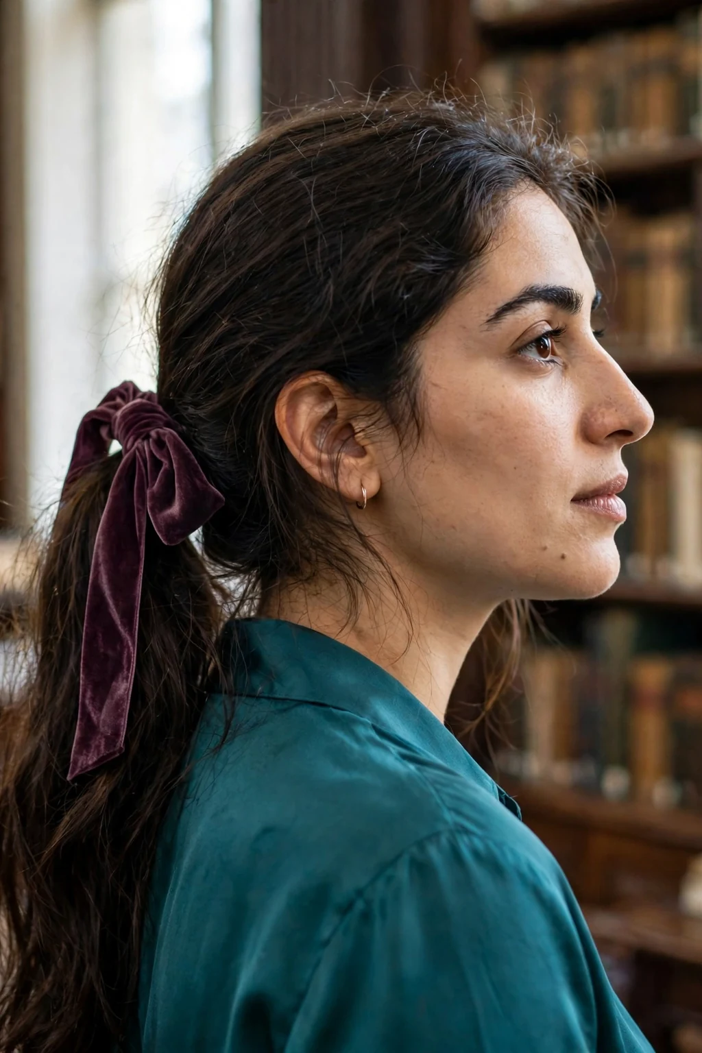 Young Middle Eastern woman with a regal velvet ribbon ponytail tied with a wide plum velvet bow, wearing a teal silk blouse in a grand library.