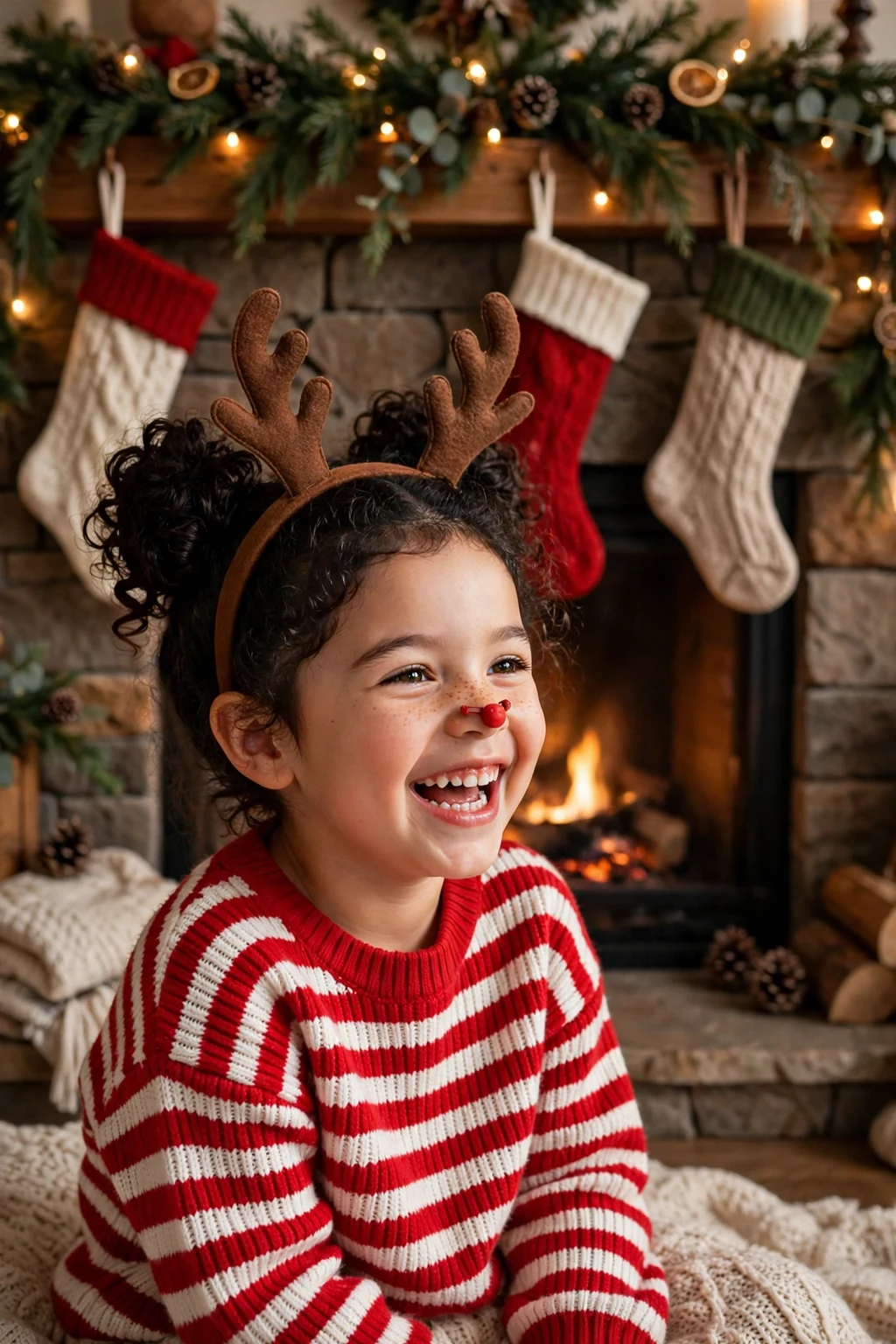 A young girl with two high buns styled like reindeer antlers with brown ribbon and a red nose clip.