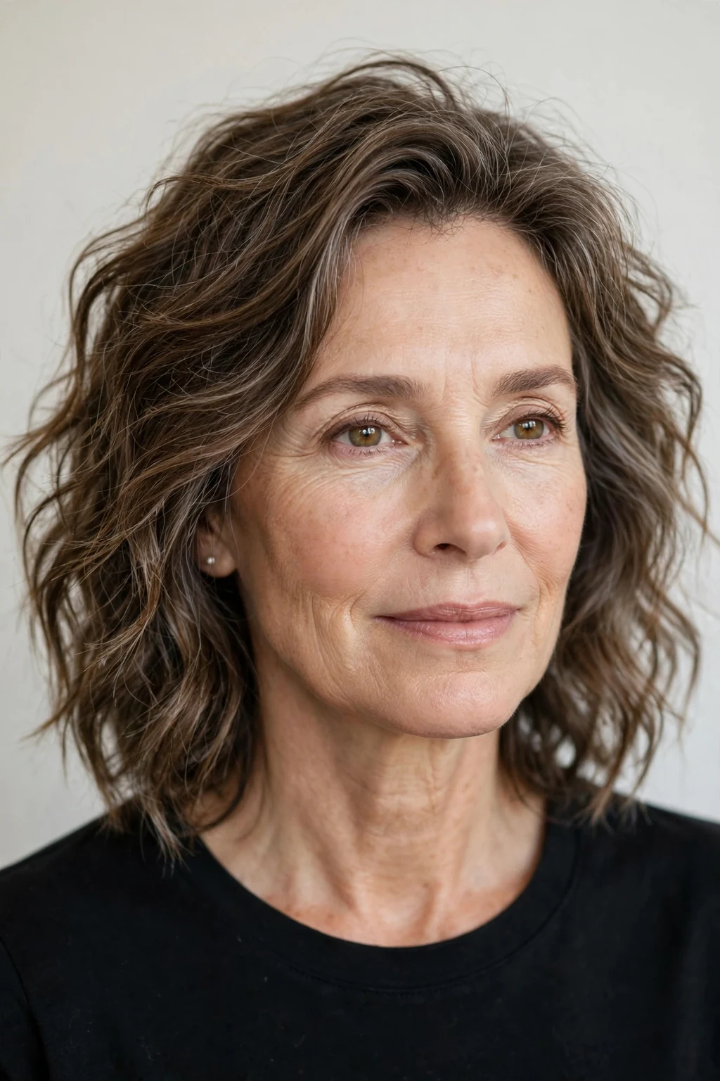 Elegant woman over 50 with relaxed tousled waves, effortless texture, natural light.