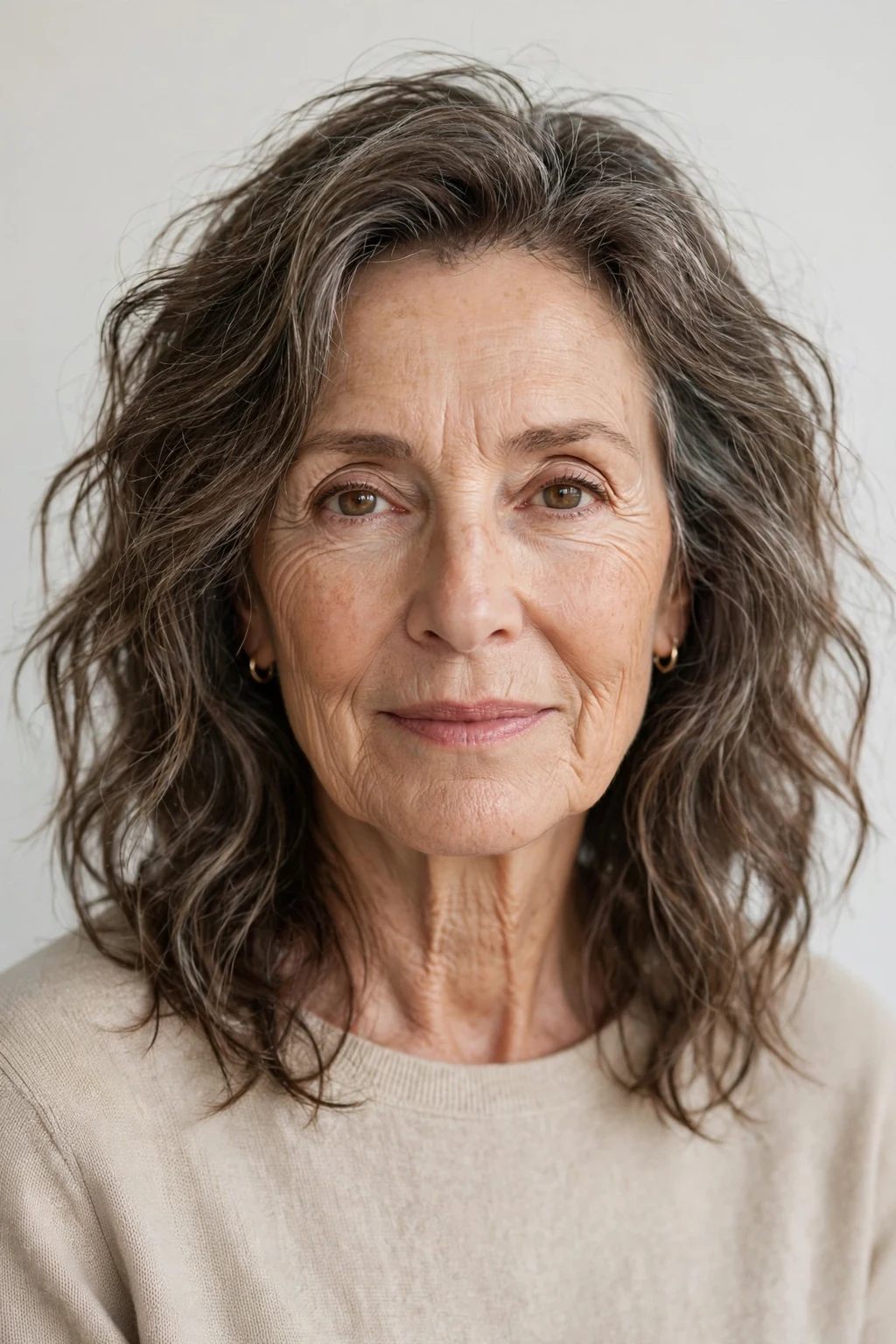 Elegant woman over 60 with relaxed tousled waves, effortless texture, natural light.