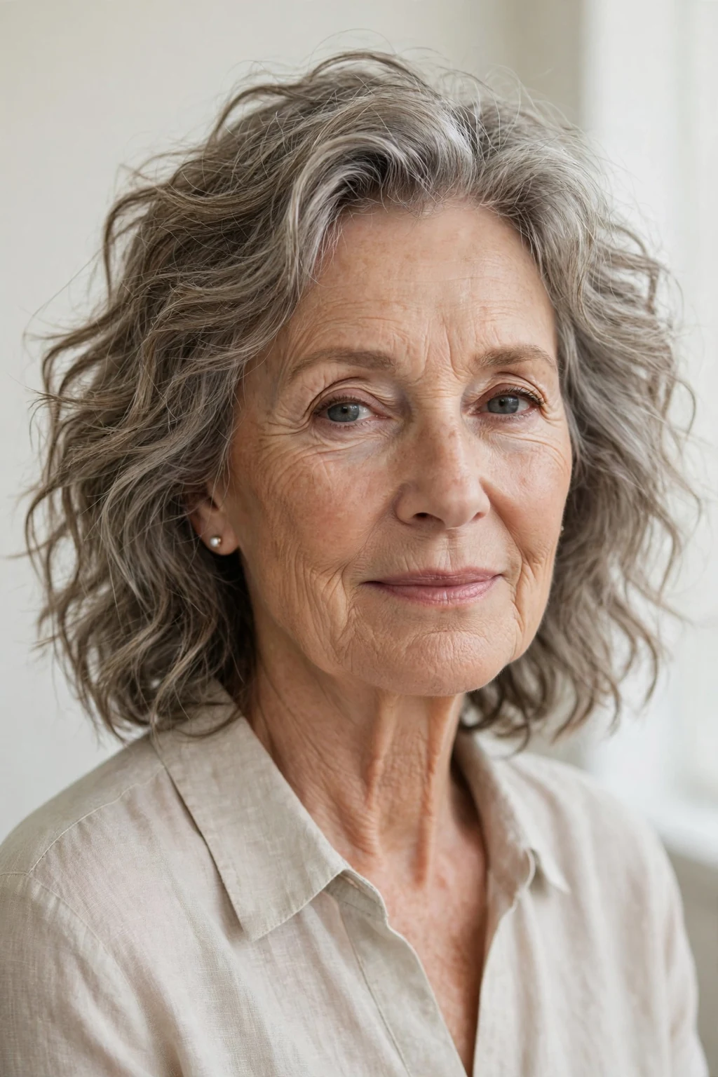 Elegant woman over 70 with relaxed tousled waves, effortless texture, natural light.