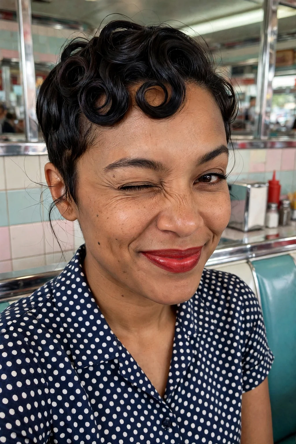 A young woman with a retro pin-curl pixie haircut, vintage pin curls sculpted across the top.