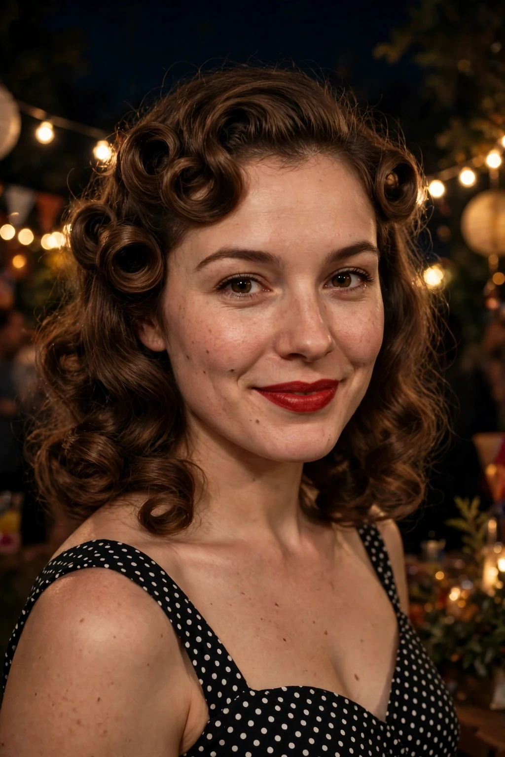 Young woman with retro pin curls wearing a polka-dot vintage dress at a retro-themed party.