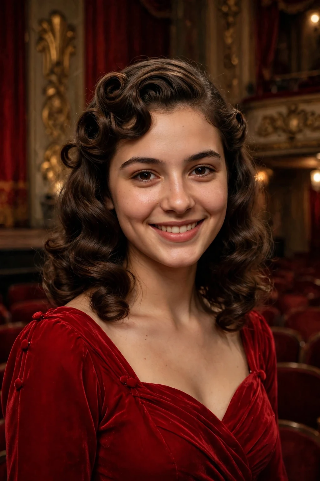 Young woman aged 19 with retro pin curls prom hairstyle for medium length hair, elegant formal look.