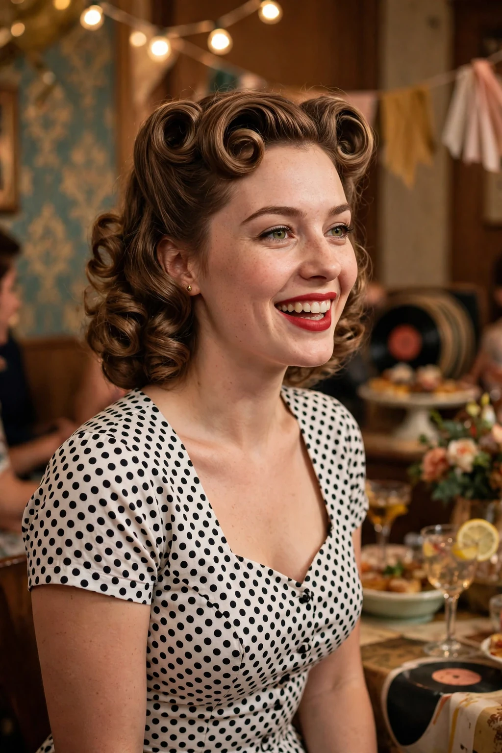 Young woman with retro pin-up curls at a vintage-themed party, wearing a polka dot dress.