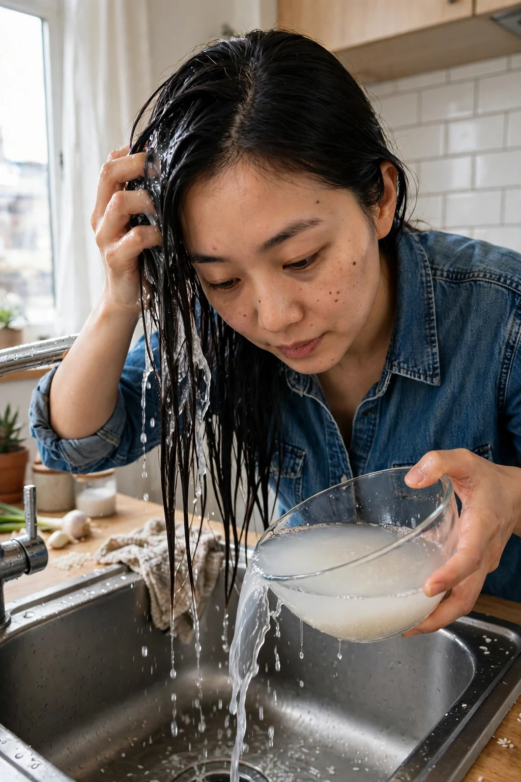 A young East Asian woman with long straight black hair rinsing her hair with rice water over a kitchen sink.