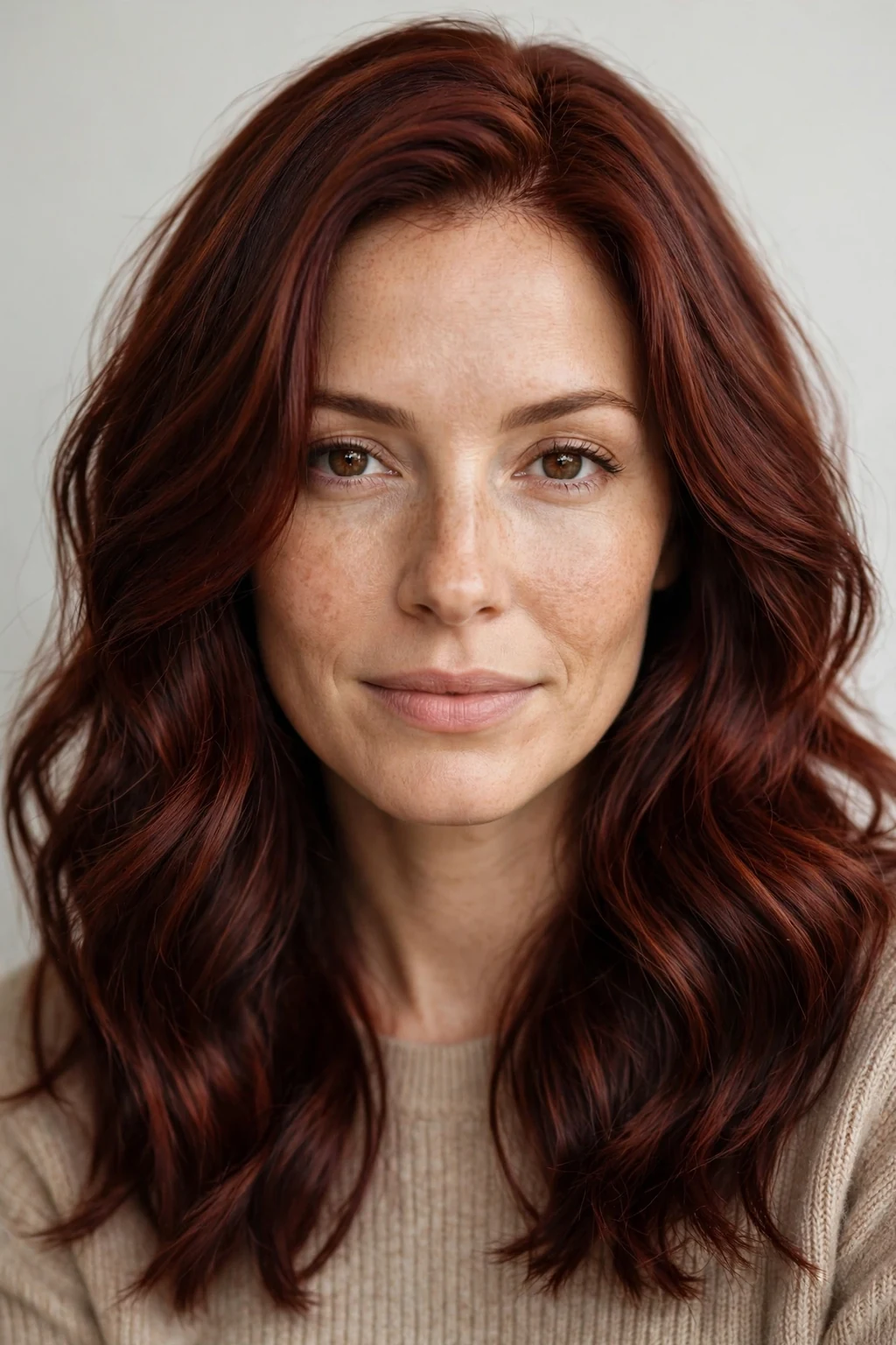 Woman with rich mahogany auburn, deep red-brown luxury color, rich lighting.