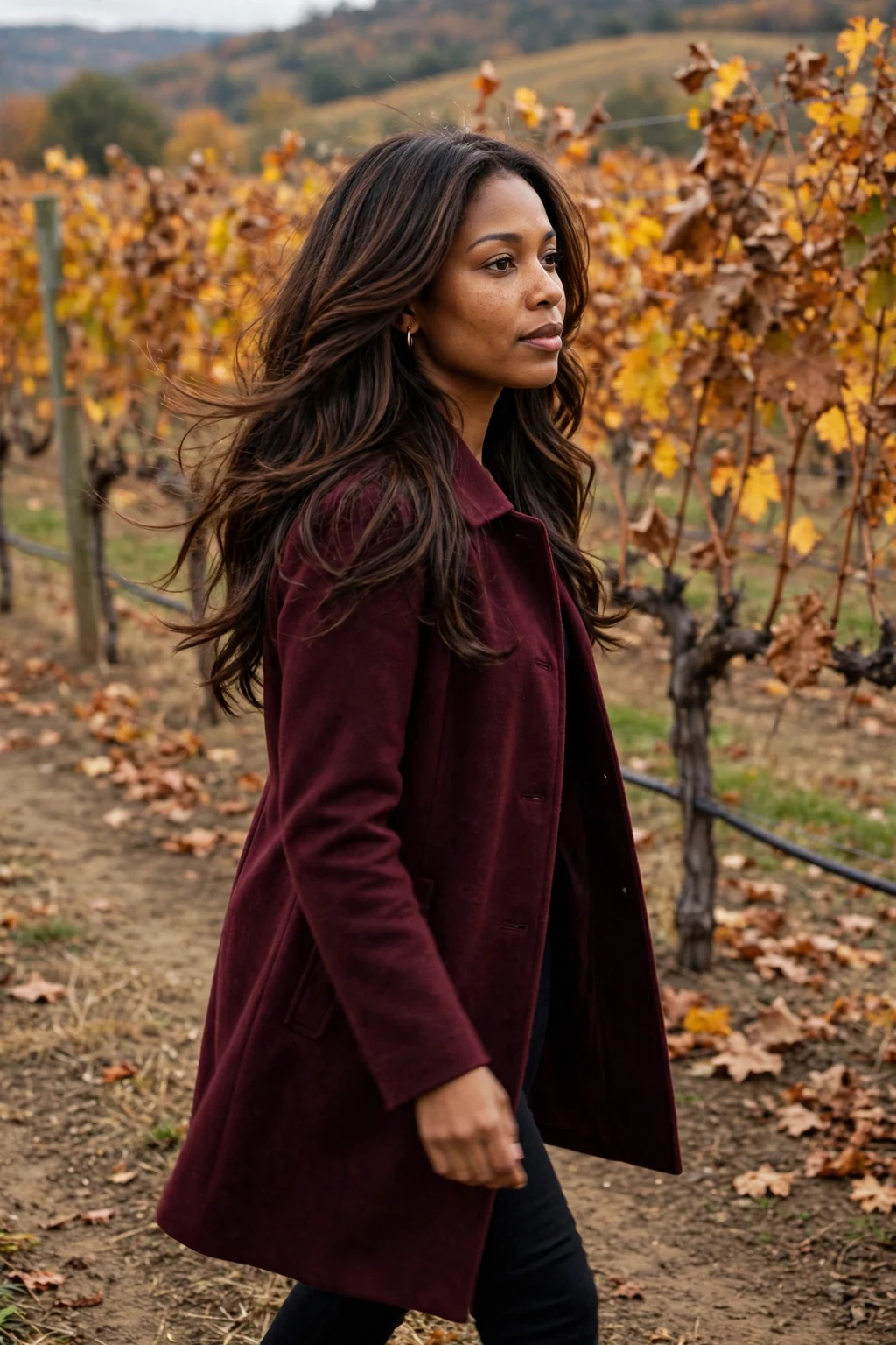 Young woman with a rich mocha layered cut, walking through a vineyard wearing a burgundy coat.