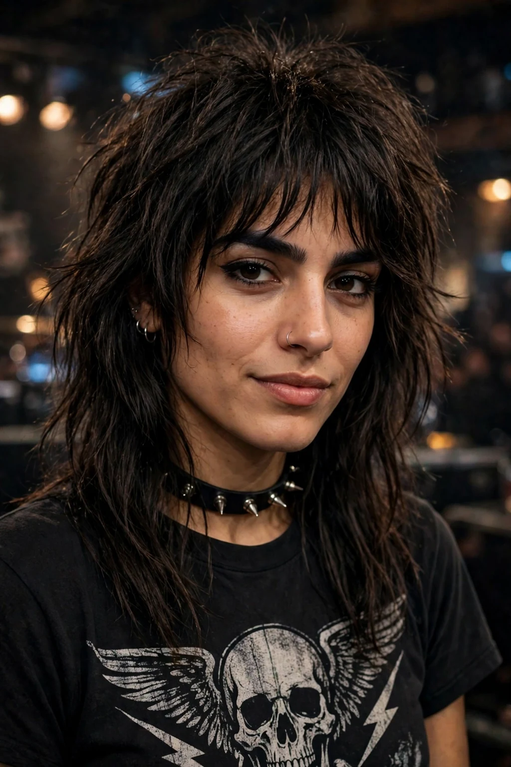 Beautiful woman with rocker long shag, edgy rocker long shag, rebellious light.