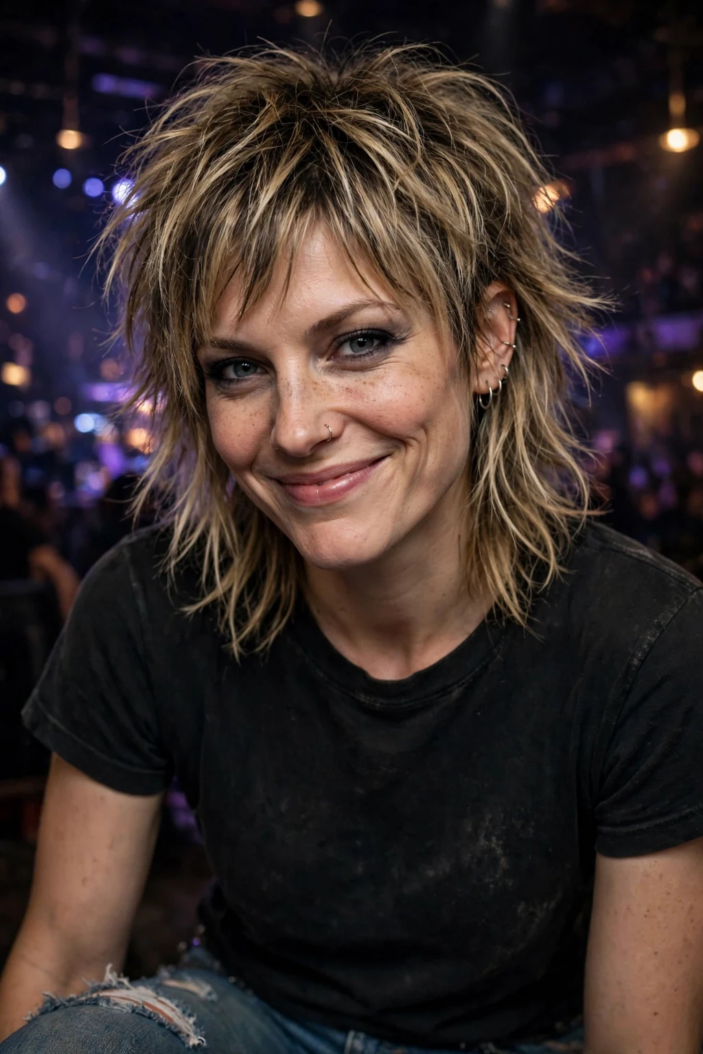 Beautiful woman with rocker shag cut, edgy rocker shag, bold light.