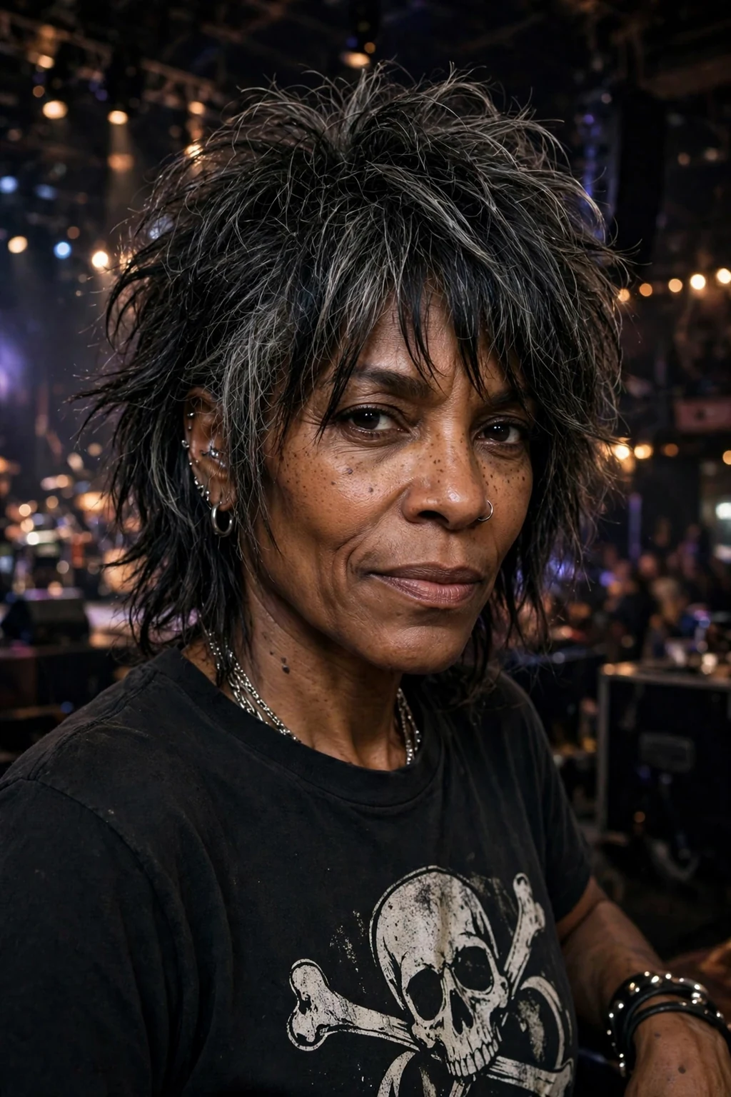 Beautiful woman over 50 with rocker shag, edgy rocker shag, rebellious light.