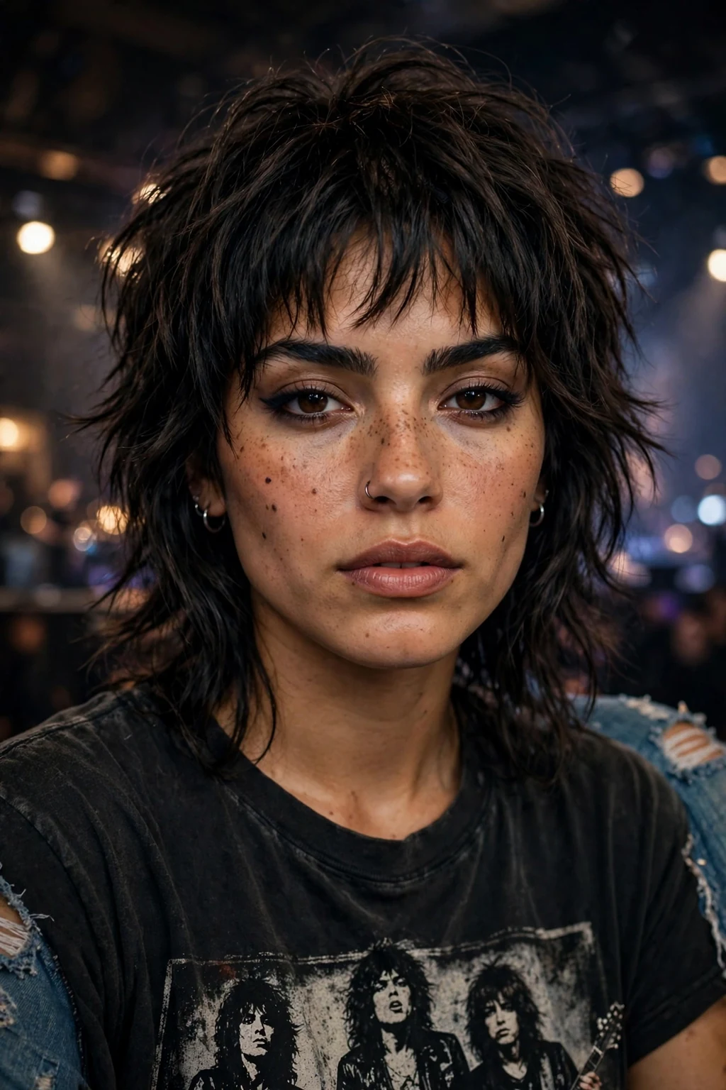 Beautiful woman with rocker wolf cut, edgy rocker wolf, bold light.