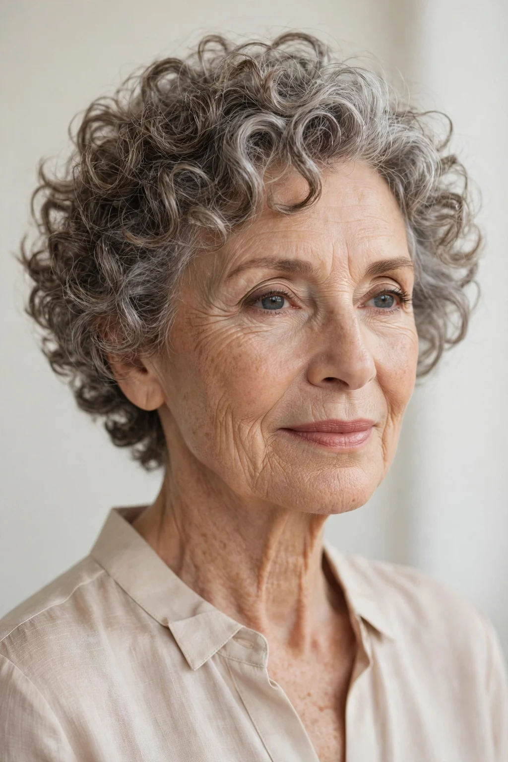 Elegant woman over 60 with romantic curly crop, soft feminine curls, gentle light.