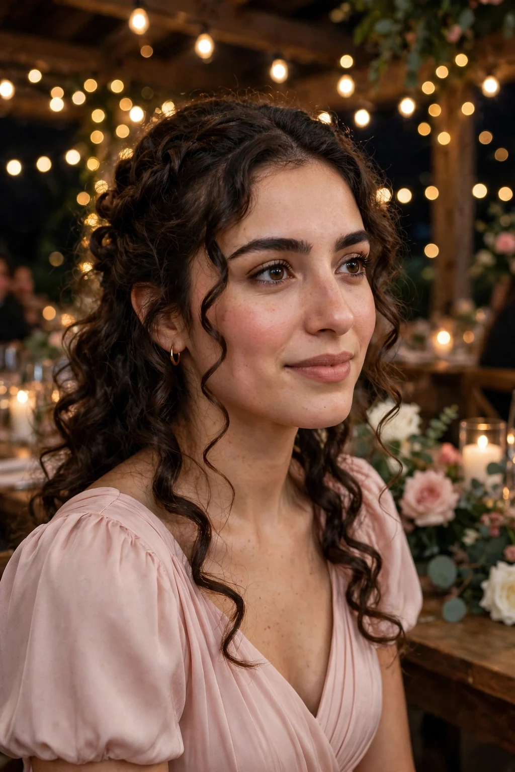 Young woman with romantic half-up curls at a wedding reception, wearing a blush pink dress.