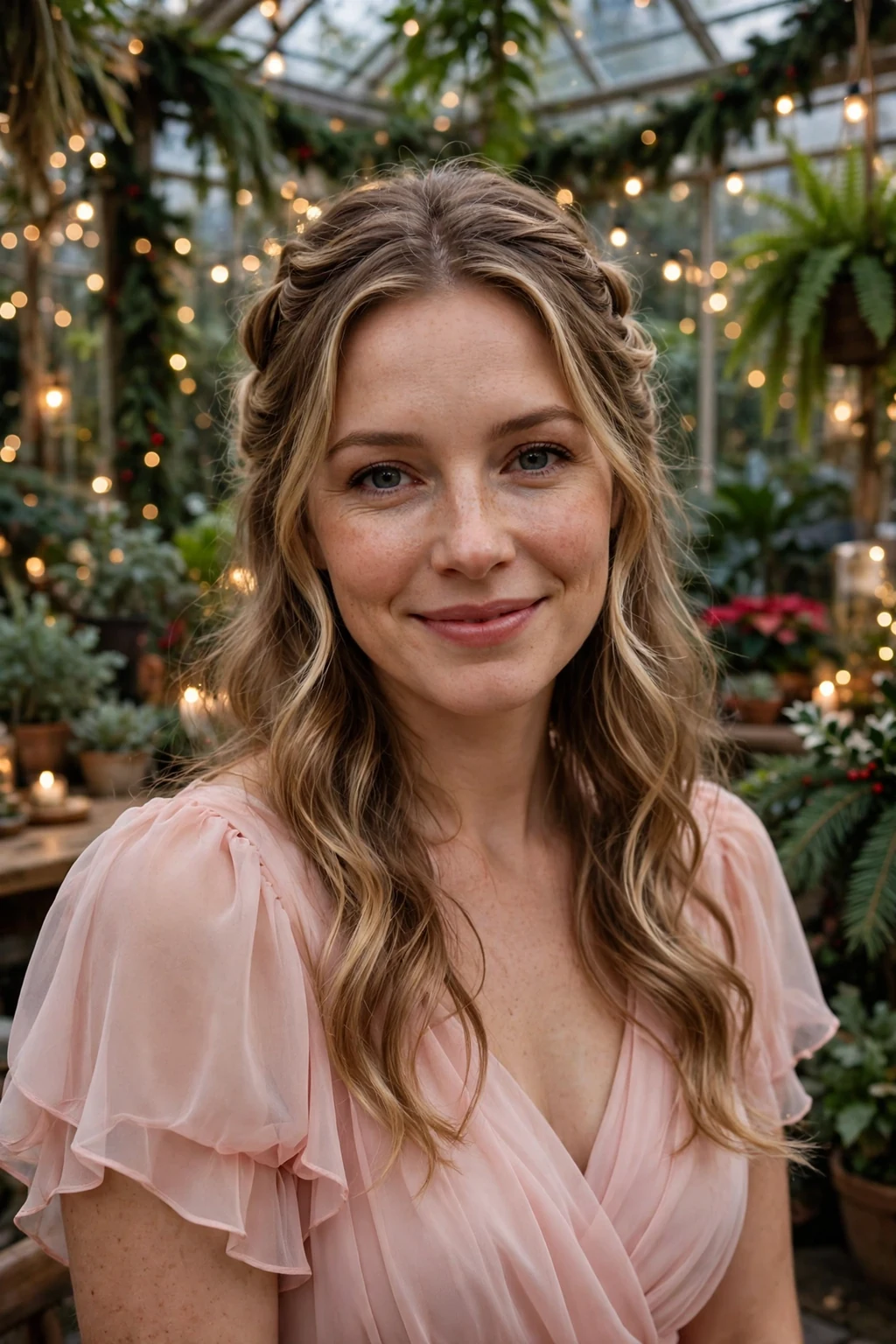 A young woman with romantic half-up waves at a holiday party, wearing a blush pink chiffon dress.
