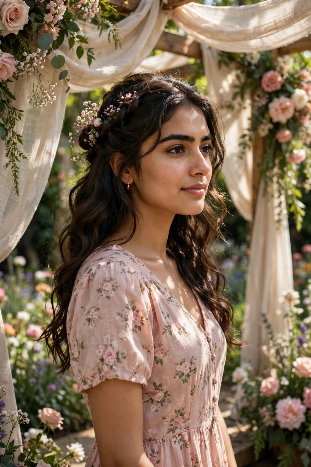 Young woman with a romantic half-up twist hairstyle at a garden wedding, wearing a blush pink dress.