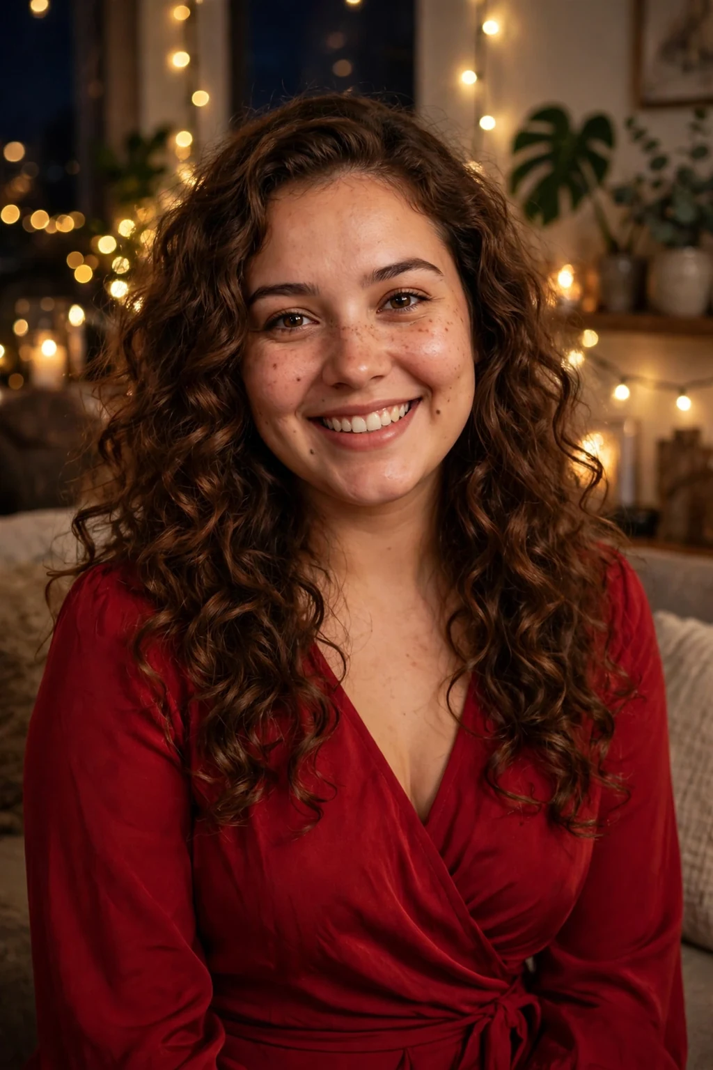 Young Hispanic woman with romantic loose curls wearing a scarlet wrap dress at a house party.