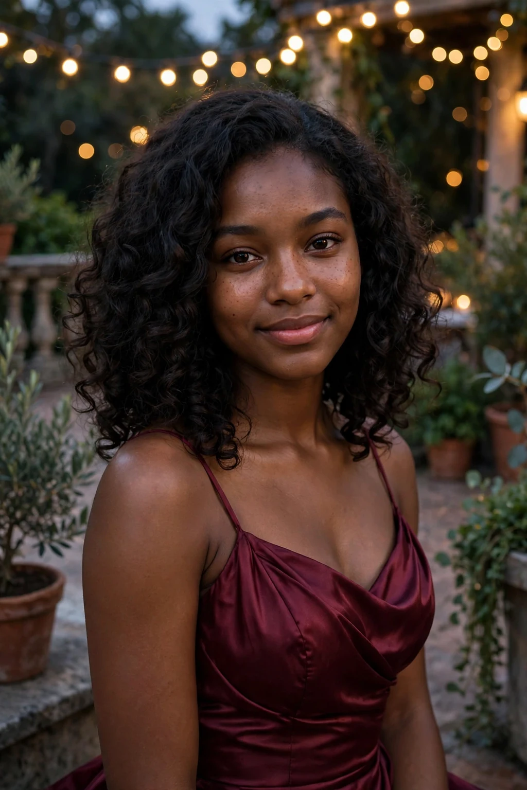 Young woman aged 19 with romantic loose curls prom hairstyle for medium length hair, elegant formal look.