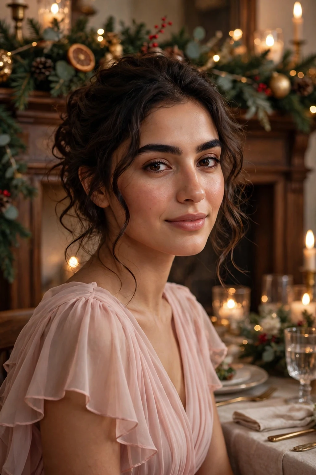 Young woman with a romantic loose updo and soft tendrils, wearing a blush pink dress.