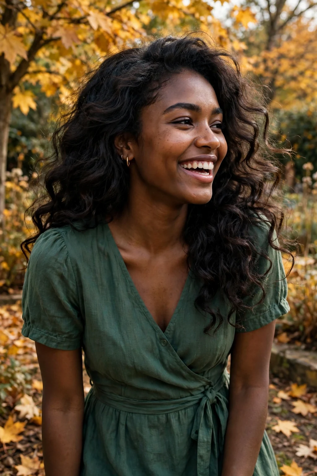 Young woman with romantic loose waves hairstyle standing in an autumn garden.