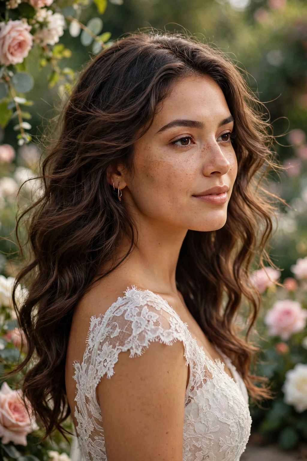 Beautiful bride with romantic loose waves, flowing romantic waves, soft light.