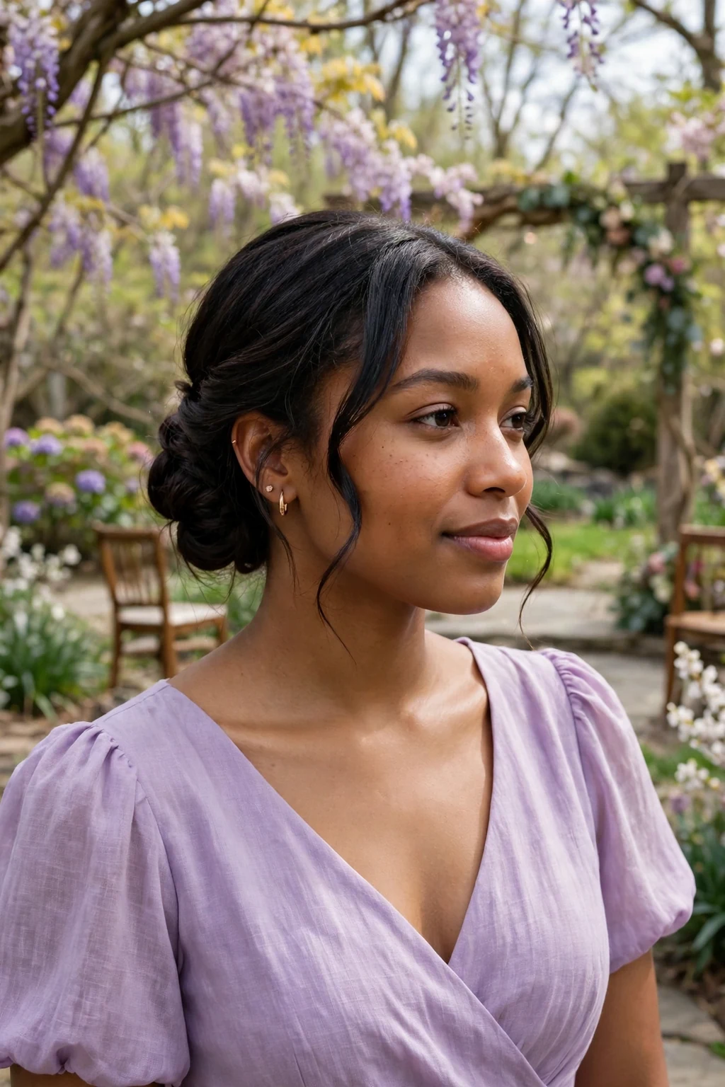Young woman with a romantic low chignon and loose tendrils, at a spring wedding venue wearing a lilac dress.