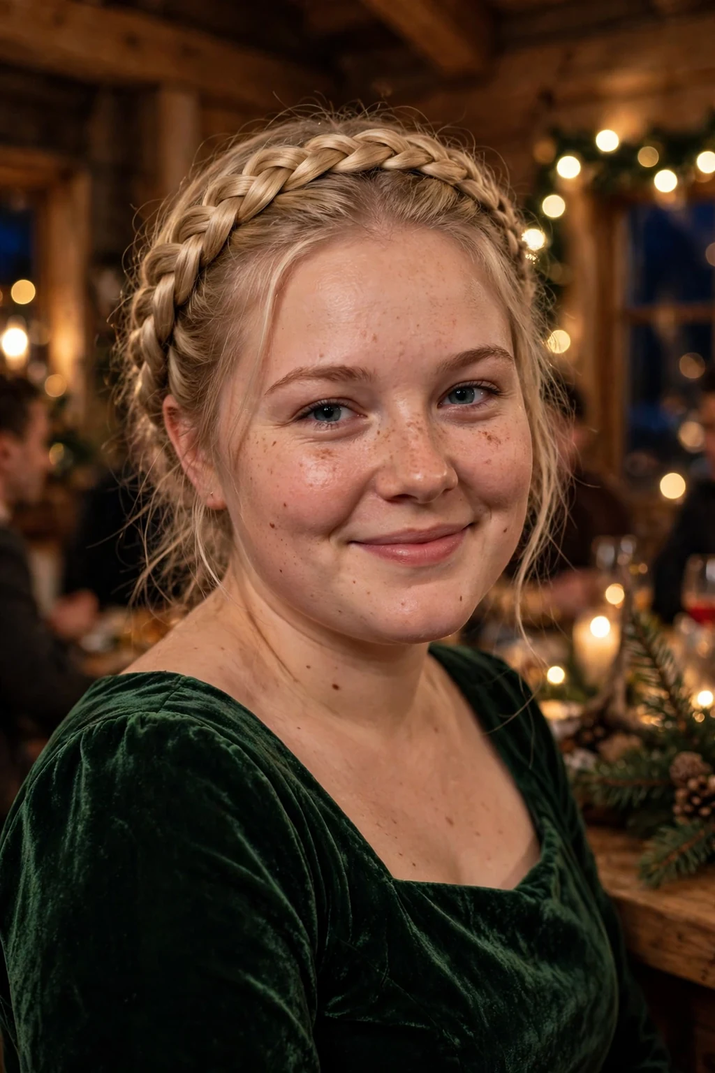 Young German woman with romantic milkmaid braids wearing a deep green dress at a chalet party.