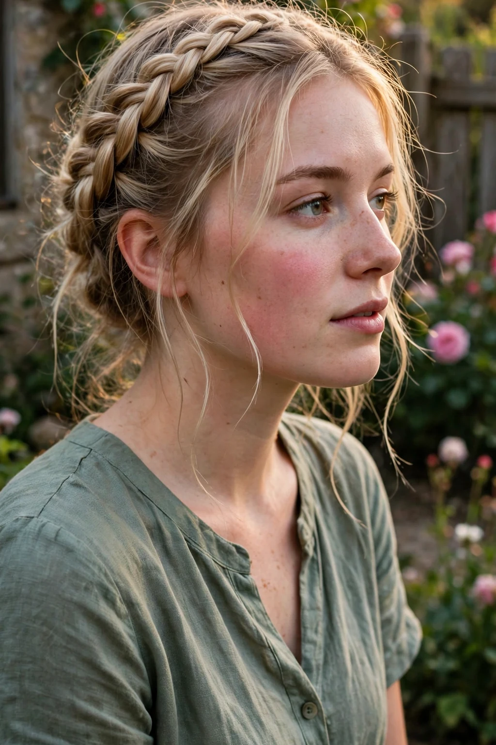 A young woman with romantic milkmaid braids wrapped over her crown, in a cottage garden wearing a cream linen dress.