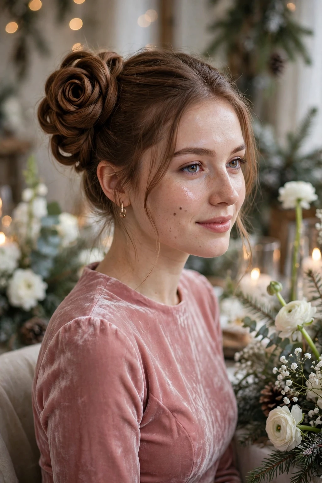 A young woman with a romantic rose bun at a winter party, wearing a dusty pink velvet dress.