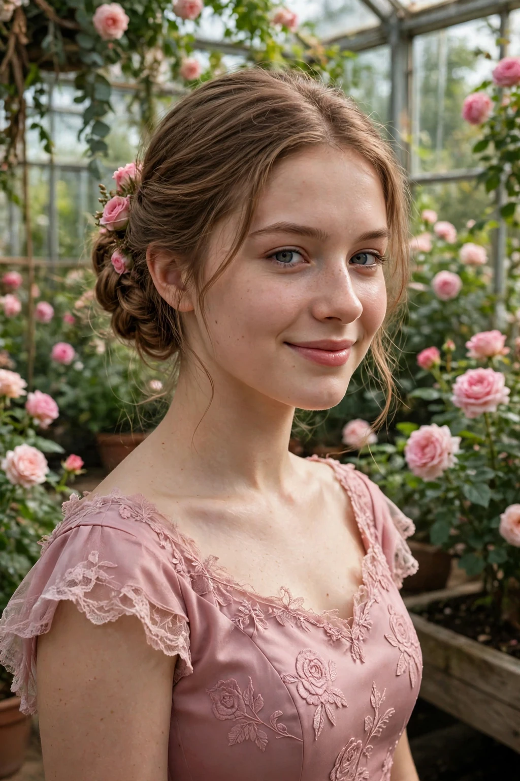 Young woman aged 19 with romantic rose bun prom hairstyle for medium length hair, elegant formal look.