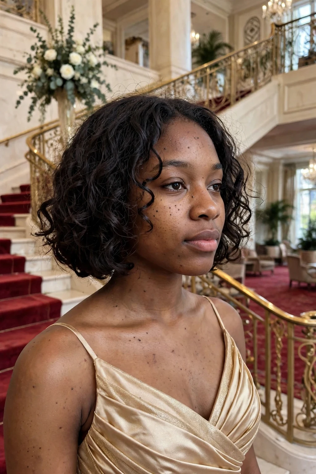 Young woman aged 18 to 20 with romantic short bob with soft curls hairstyle for prom, a grand staircase in a hotel ballroom.