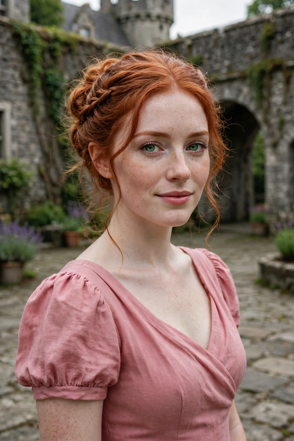Young woman with a romantic updo with braided detail at a wedding, wearing a rose pink dress.