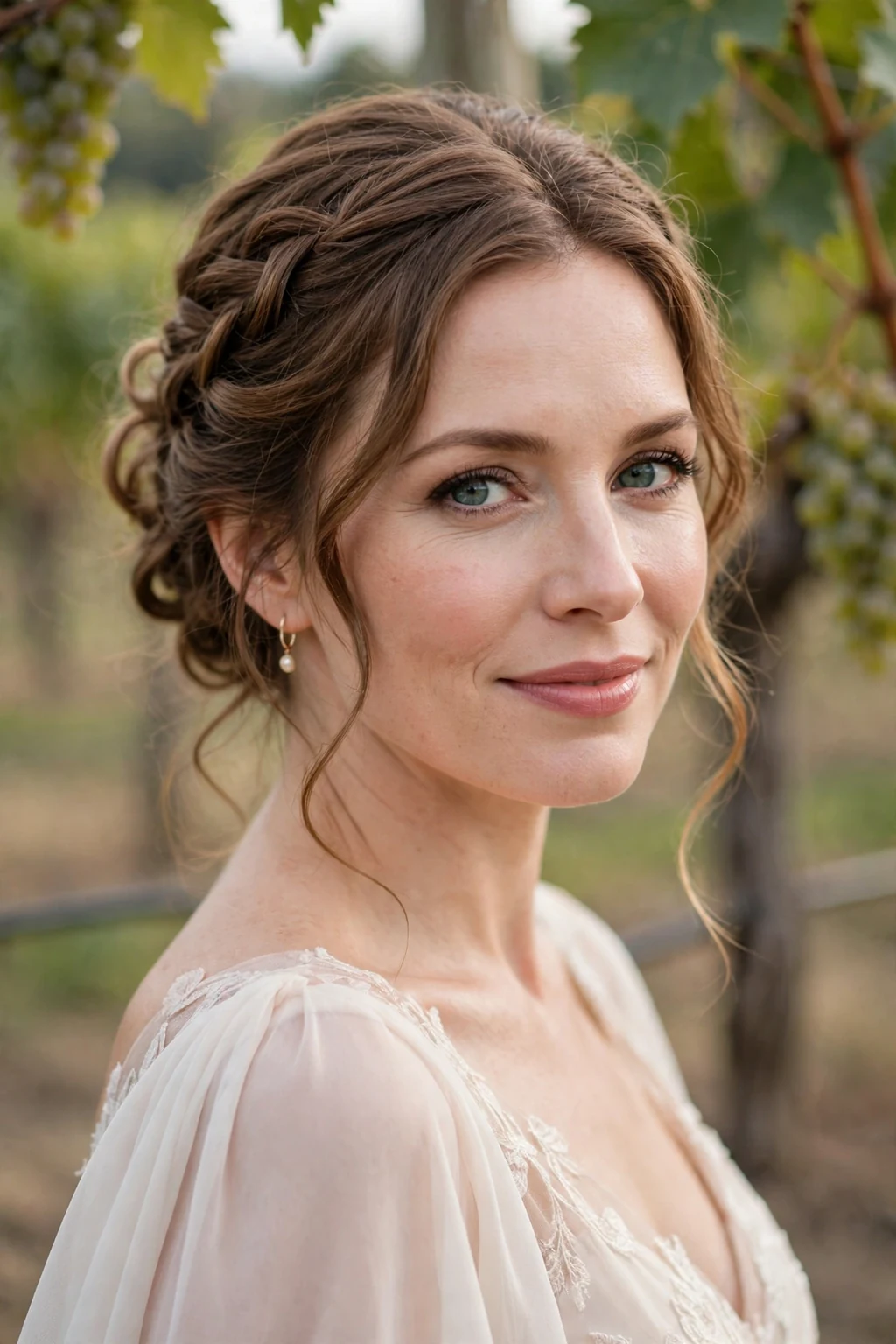 Beautiful woman with romantic updo, soft romantic updo, dreamy light.