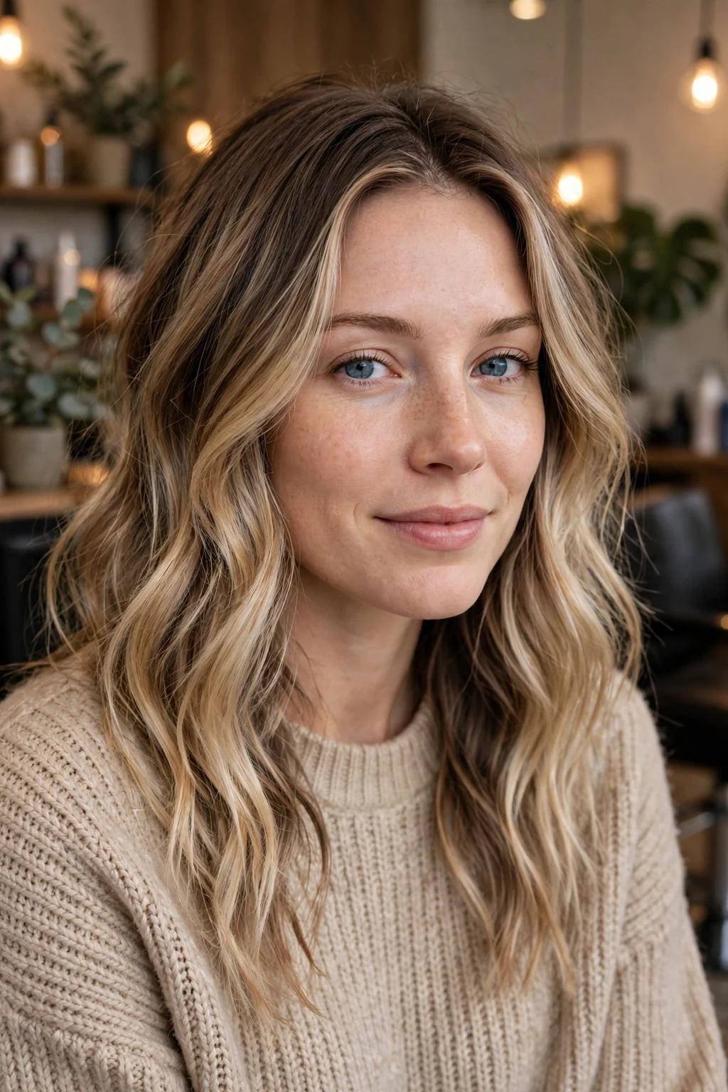 Beautiful woman with rooted blonde balayage, soft dark roots melting to blonde, salon light.