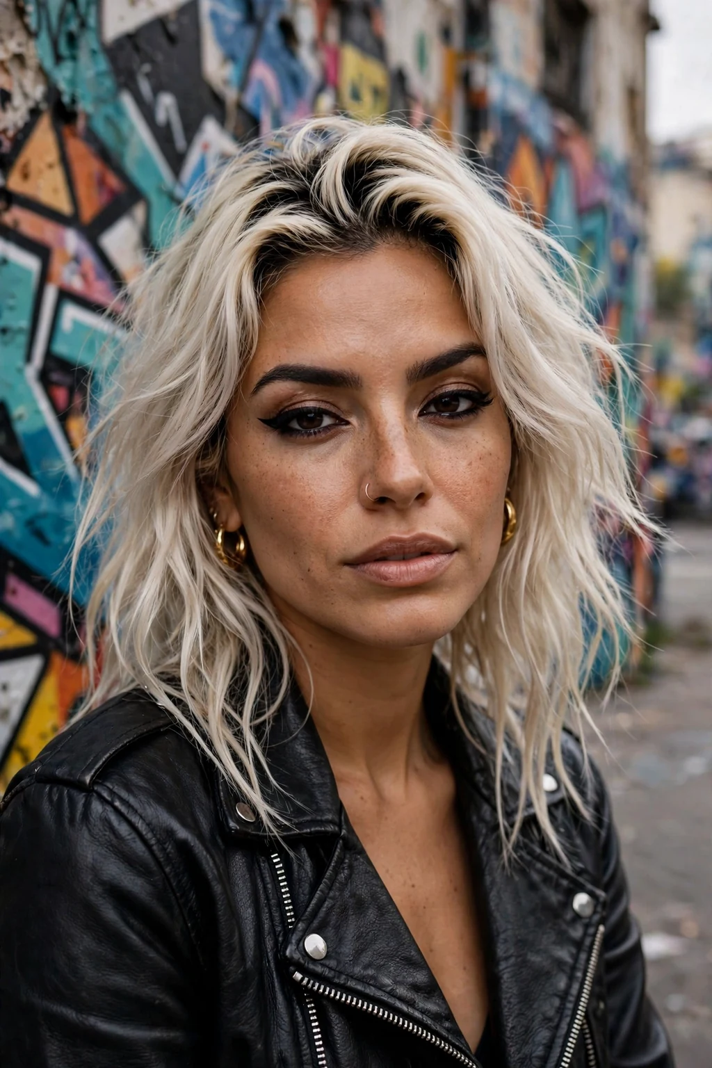 Beautiful woman with rooted platinum, platinum with dark roots, bold light.