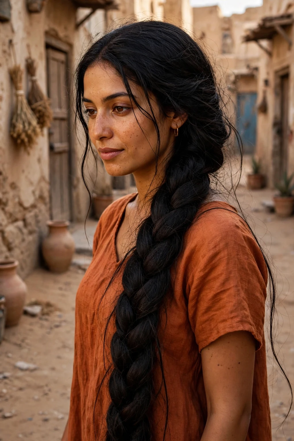 A young Egyptian woman in her early 30s with very long black hair in a rope twist braid, wearing a rust orange linen dress in an old town lane.