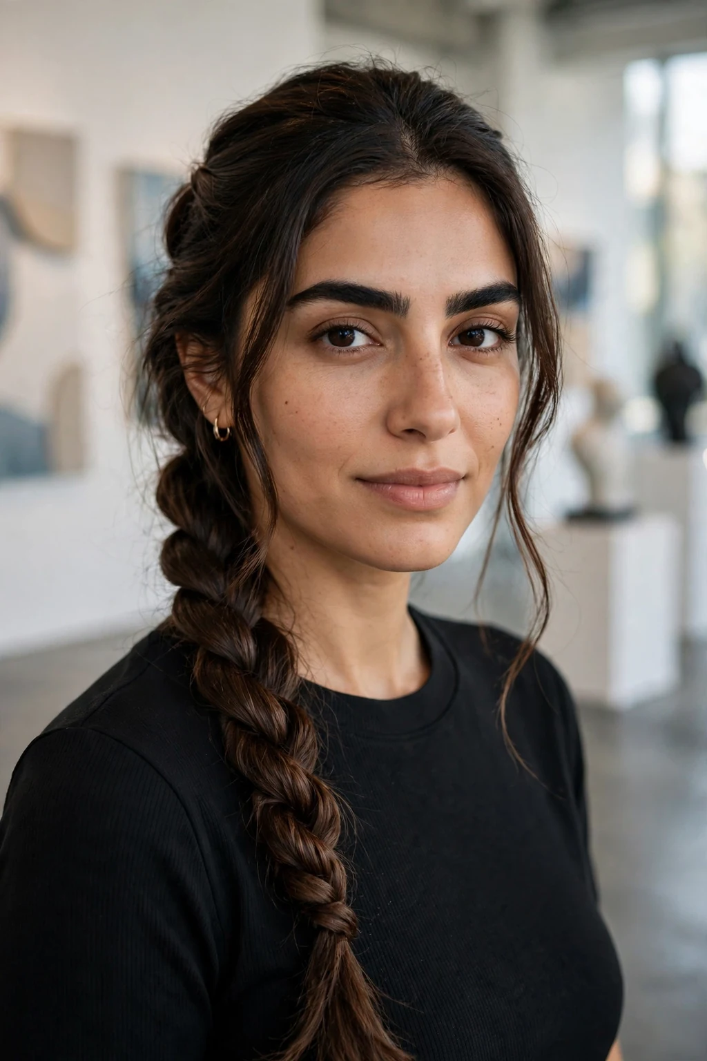 Beautiful woman with rope twist braid, chic rope twist, modern light.