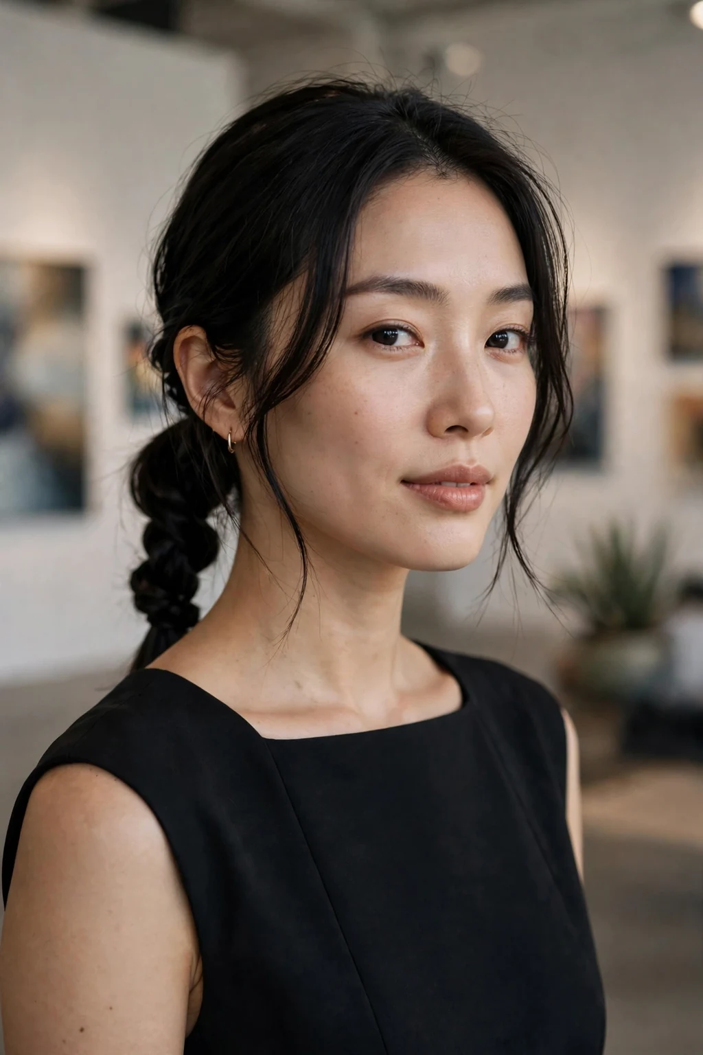 Beautiful woman with low pony with rope twist, chic rope low pony, modern light.
