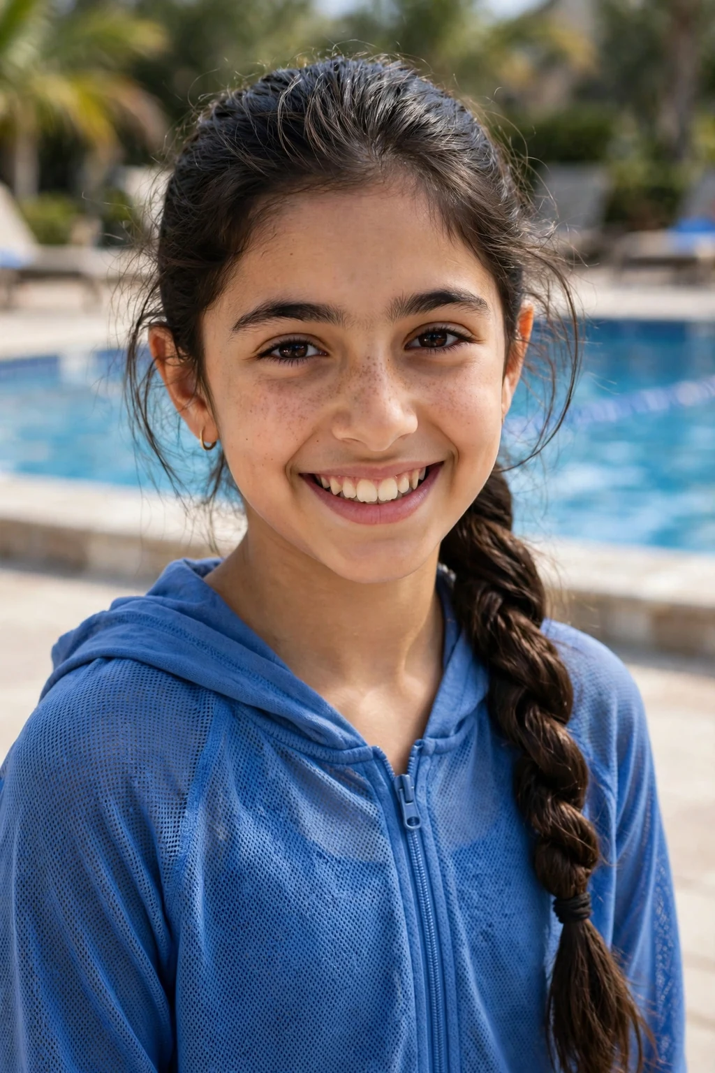 A young girl with a rope twist ponytail swinging behind her at a swimming pool.