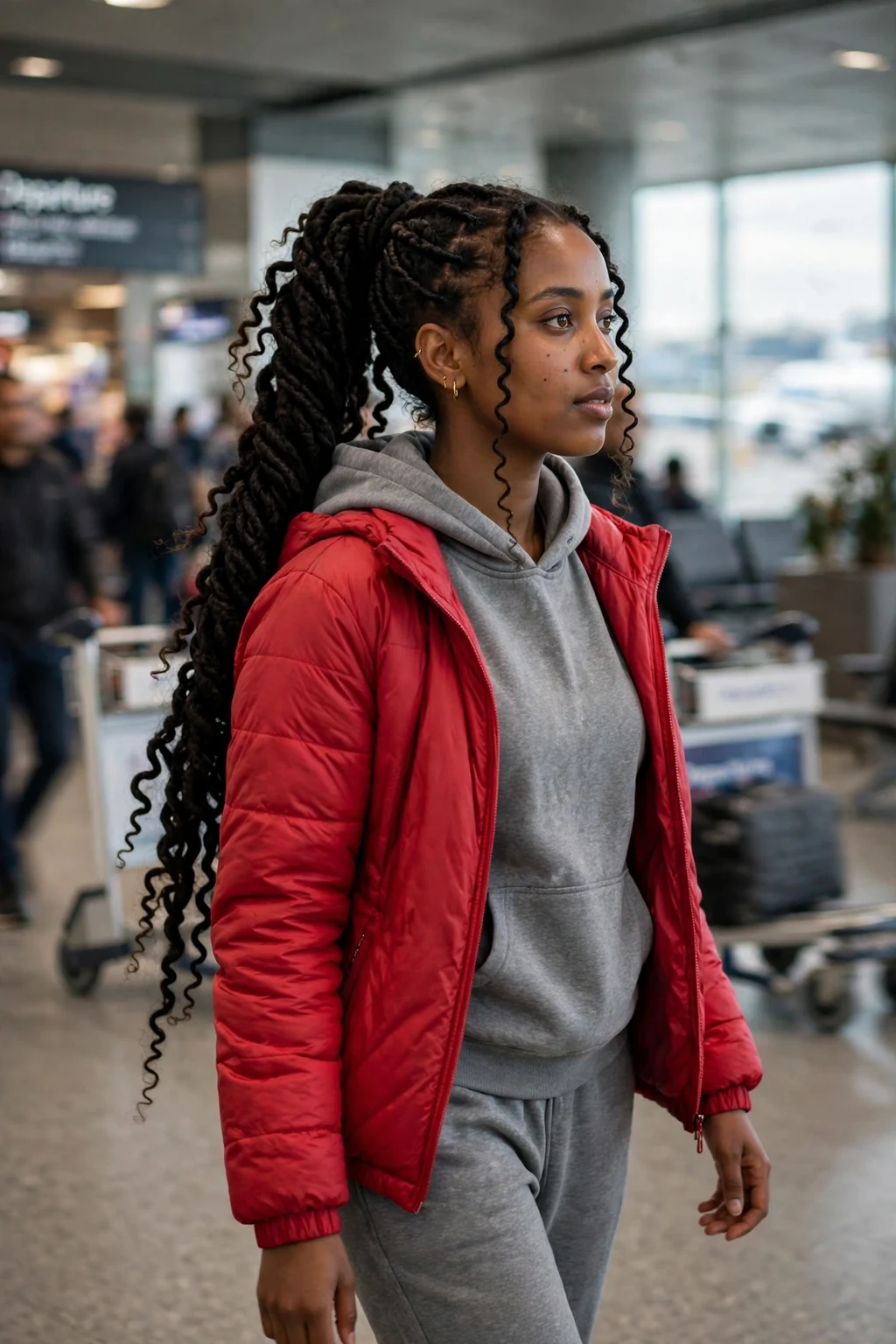 Young woman with a rope twist ponytail hairstyle at an airport, wearing a grey tracksuit with a red jacket.
