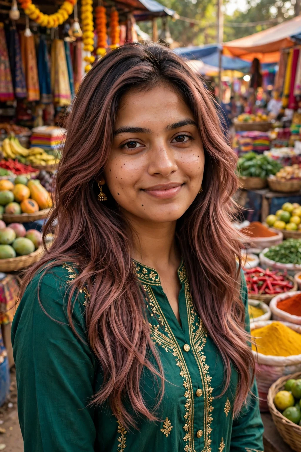 Young South Asian woman in her mid 20s with long layered hair in a rose-brown color melt, wearing an emerald-green kurta in a vibrant outdoor market.