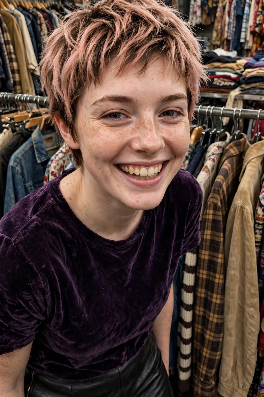 A young woman with a rose-gold pixie haircut, soft rose gold choppy layers with deeper roots.