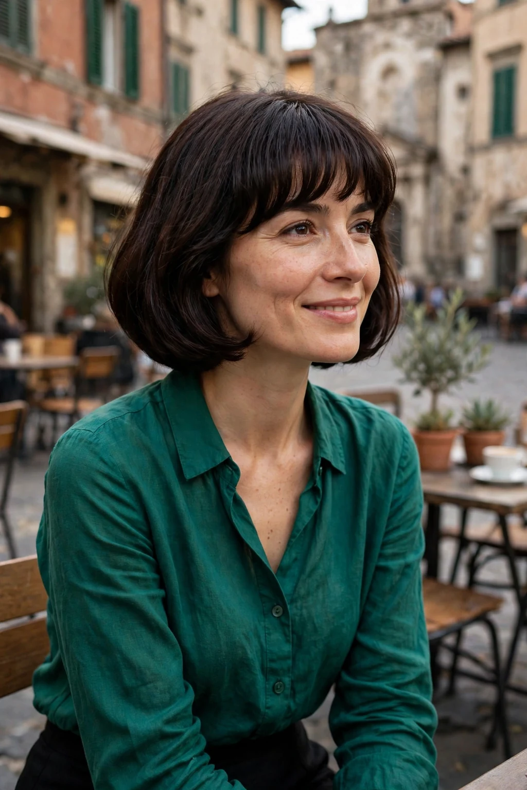 Young woman with a rounded bob with full rounded bangs hairstyle, smooth and sculptural.