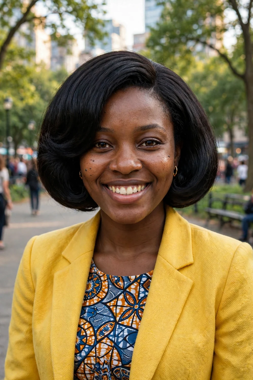 Young Nigerian woman with a rounded bubble bob in a city park wearing a yellow blazer.