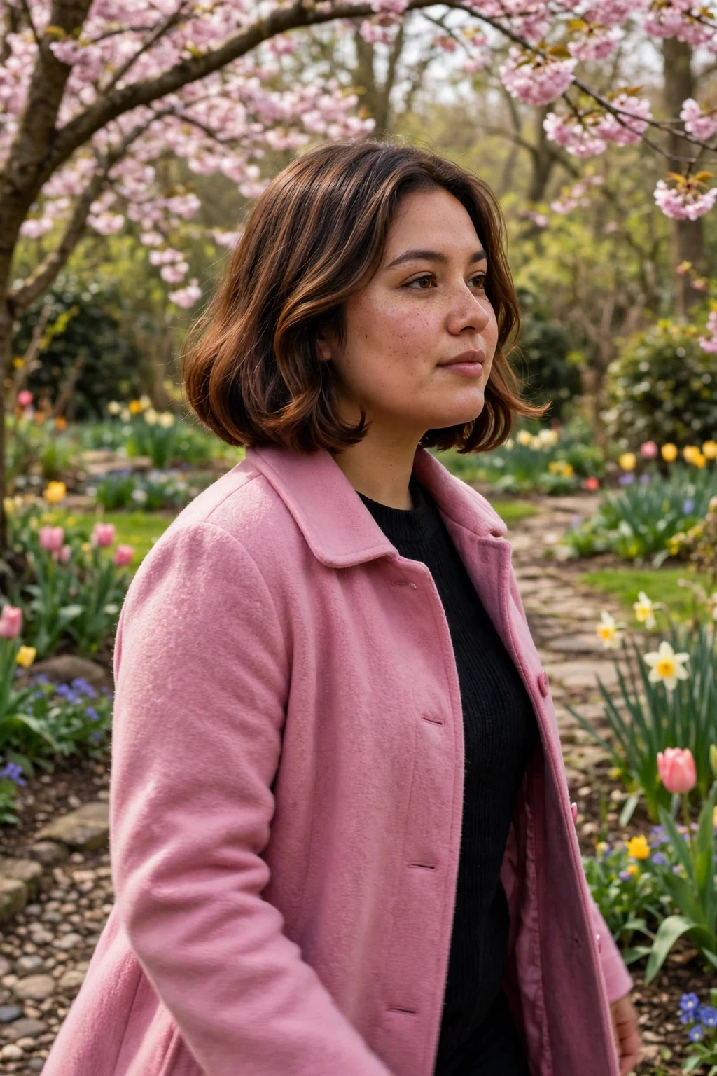 A young woman with a rounded chin bob, wearing a pink coat walking through a spring garden.