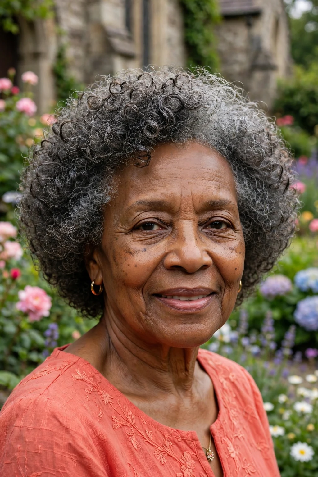 A radiant Black woman in her 70s with a rounded curly shape cut, wearing a coral dress, in a church garden.