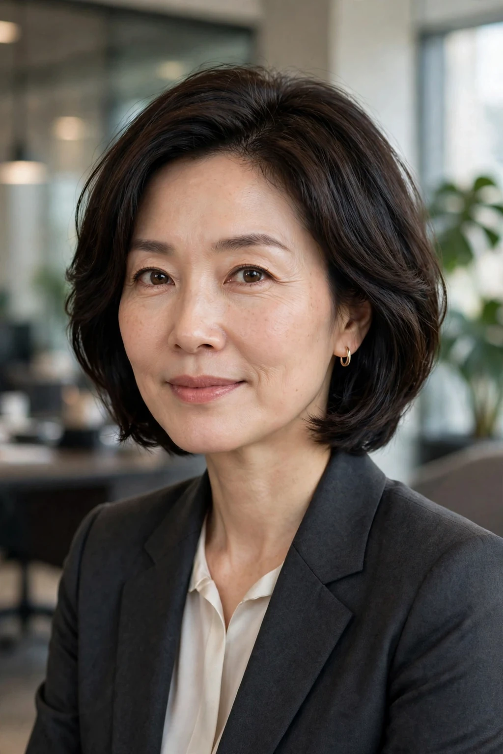 Beautiful woman with rounded layered bob, medium layered bob shape, polished light.