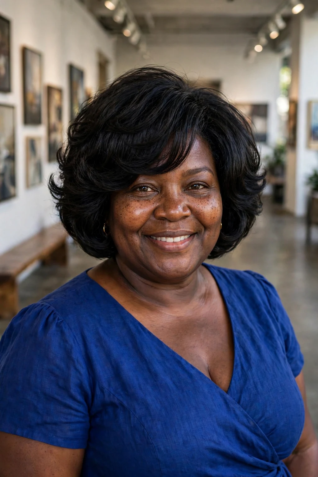 Plus-size Black woman in her forties with a rounded layered bob, wearing a royal blue dress in an art gallery hallway.