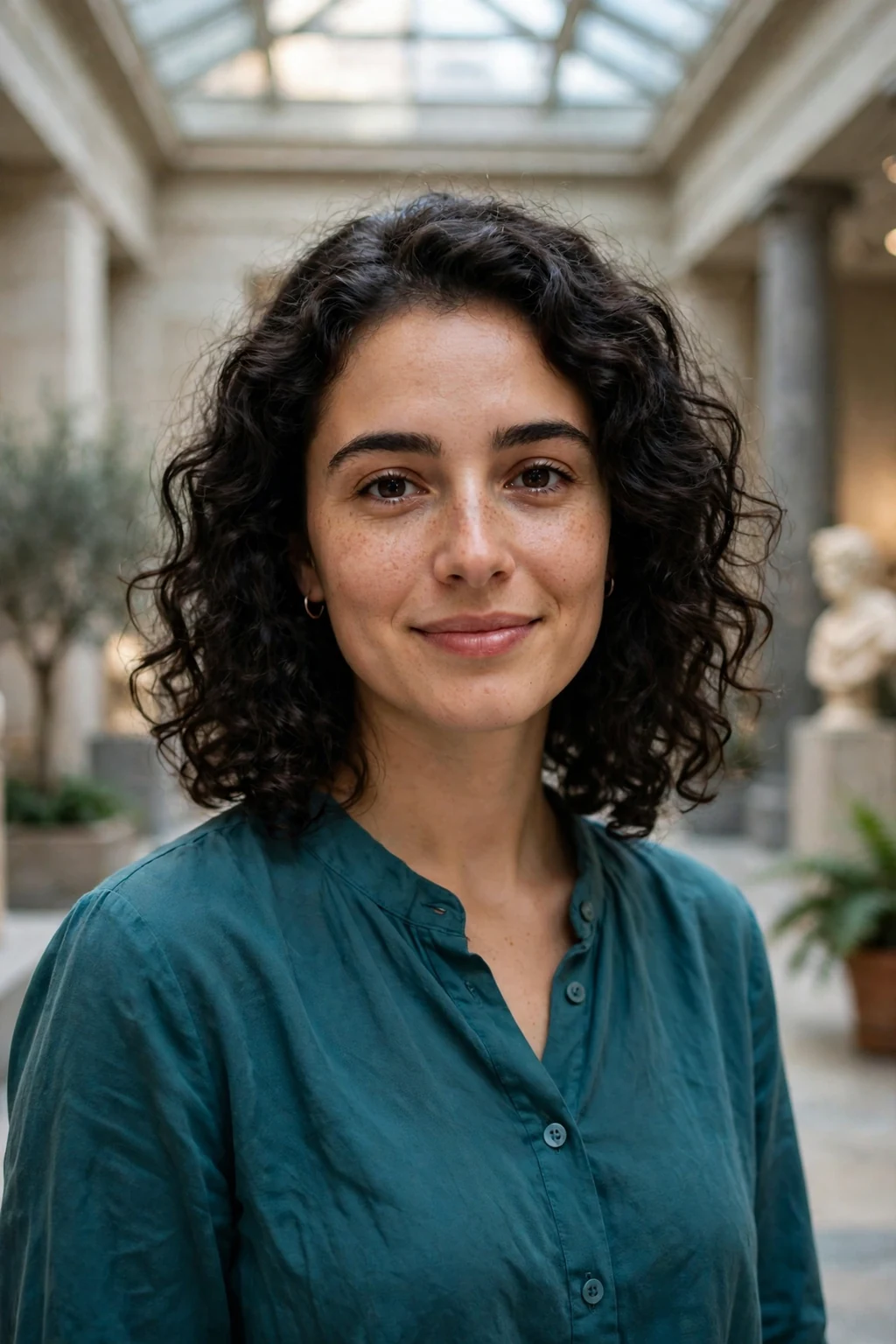 Young woman with a rounded medium layered cut, standing in a museum atrium wearing a teal blouse.