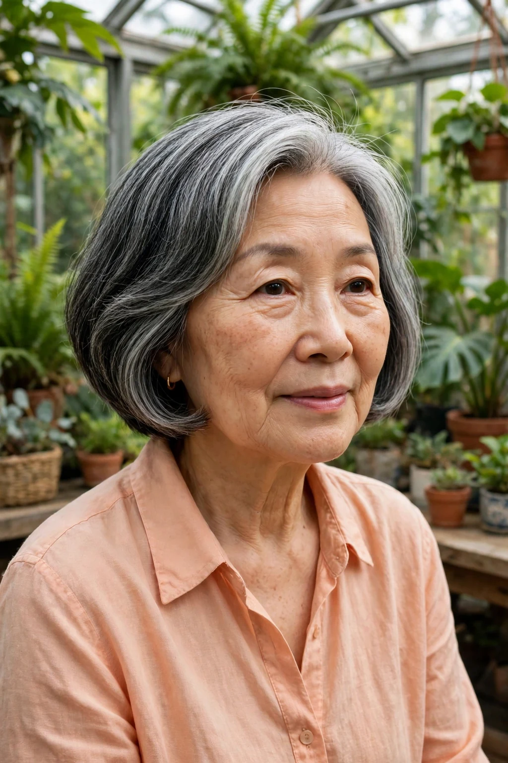 An older woman with a rounded short bob, wearing a peach blouse in a conservatory.